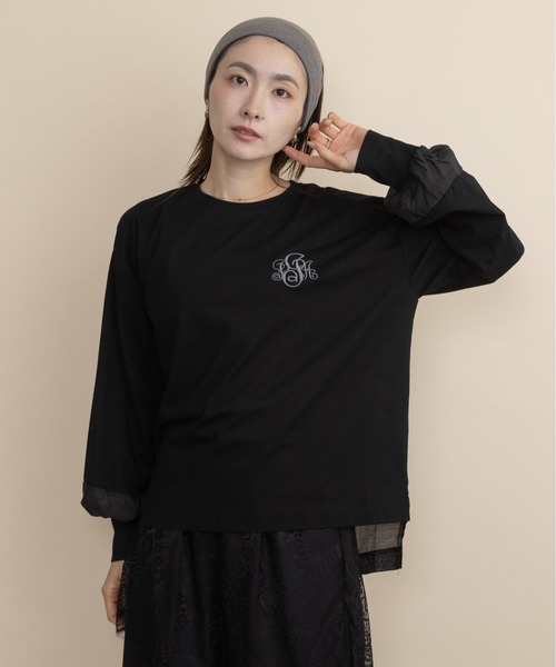 lodie(ロディ)の「胸ロゴモチーフ 異素材コンビ ロンT(Tシャツ/カットソー・レディース・ブラウン/ベージュ/チャコールグレー/ブラック・FREE)」の2枚目の写真