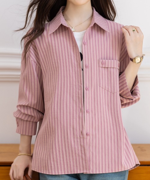 AMAJI(アマジ)の「ストライプ柄 長袖シャツ(シャツ/ブラウス・レディース・ライトピンク・SMALL/MEDIUM/LARGE/X-LARGE)」の2枚目の写真