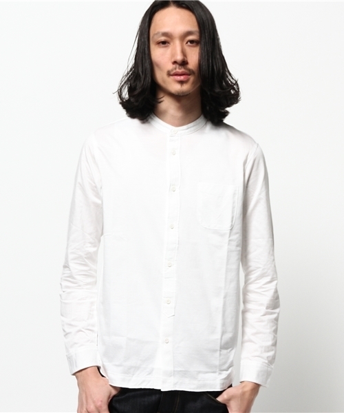BHY-biography(ビーエイチワイバイオグラフィー)の「KNIT DUNGAREE BAND.C/ニットダンガリーバンドカラーシャツ(シャツ/ブラウス・メンズ・ブルー/ホワイト・44/46/48)」の1枚目の写真