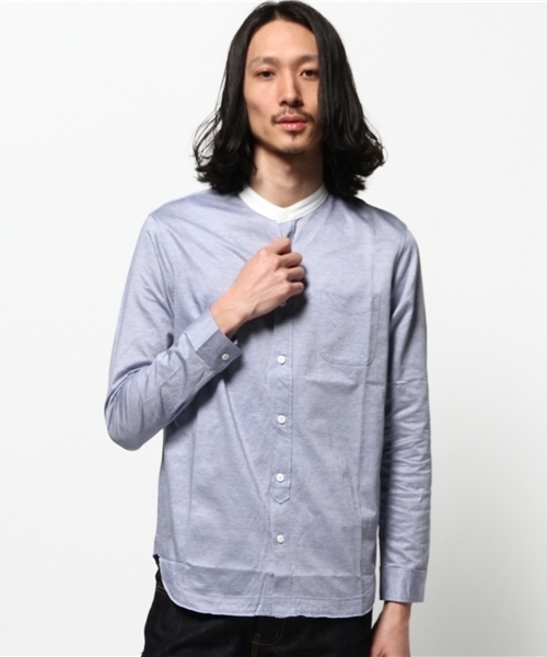 BHY-biography(ビーエイチワイバイオグラフィー)の「KNIT DUNGAREE BAND.C/ニットダンガリーバンドカラーシャツ(シャツ/ブラウス・メンズ・ブルー/ホワイト・44/46/48)」の2枚目の写真