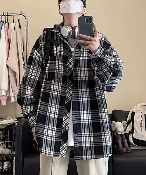 almo(アルモ)の「EK198/ルーズシルエットネルチェック長袖シャツ/ネルシャツ/メンズ(NEZ)(シャツ/ブラウス・メンズ・ブラック/イエロー/グリーン・FREE)」の9枚目の写真