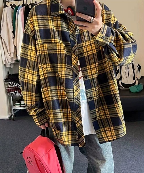 almo(アルモ)の「EK198/ルーズシルエットネルチェック長袖シャツ/ネルシャツ/メンズ(NEZ)(シャツ/ブラウス・メンズ・ブラック/イエロー/グリーン・FREE)」の16枚目の写真
