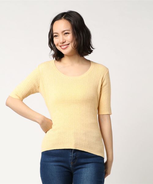 three dots(スリードッツ)の「コットンメランジリブ Uネック(ニット/セーター・レディース・チェリーピンク/杢グレー/ネイビー/スカイブルー/イエロー・MEDIUM/SMALL)」の4枚目の写真