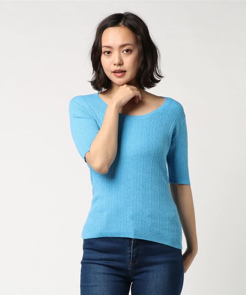 three dots(スリードッツ)の「コットンメランジリブ Uネック(ニット/セーター・レディース・チェリーピンク/杢グレー/ネイビー/スカイブルー/イエロー・MEDIUM/SMALL)」の1枚目の写真