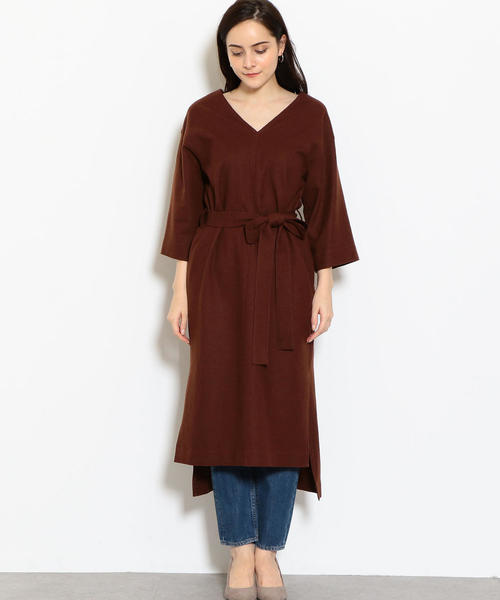 green label relaxing（グリーンレーベルリラクシング）の「KFC  アッシュクW ベルテッド Vネック ワンピース（ワンピース・レディース・ブラウン/ブラック・FREE）」の14枚目の写真