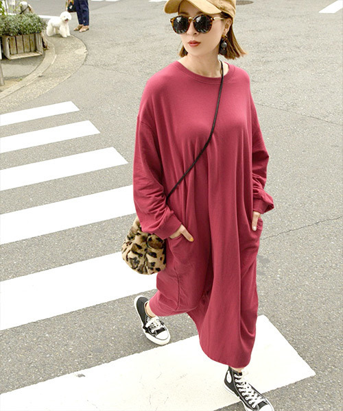 coca(coca)(コカ)の「ポケット付きスウェットワンピース(ワンピース・レディース・カーキ/ネイビー/ピンク/ブラック/ホワイト/マスタード/ブラウン/パープル・ONE SIZE)」の17枚目の写真