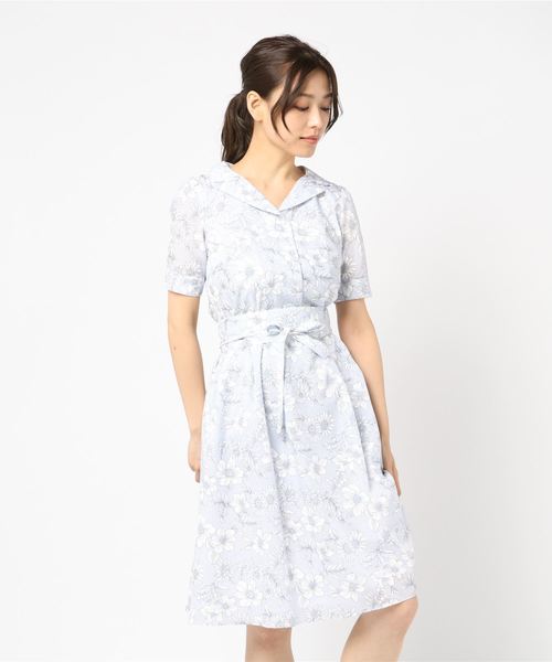 LAISSE PASSE(レッセパッセ)の「ストライプフラワーワンピース(ワンピース)」|サックスブルー
