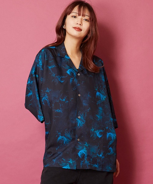 新品 アヴィレックス ゴルフ サマーガール総柄 ストレッチ アロハシャツ M 紺 セール】ビッグシルエット総柄開襟アロハシャツ（シャツ