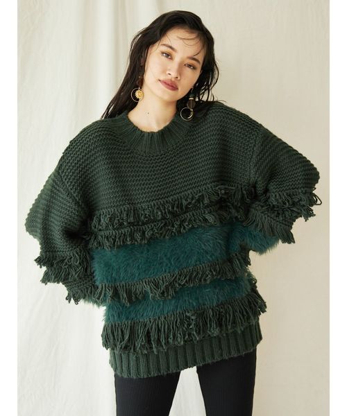 EVRIS(エヴリス)の「ローピングヤーンMIXシャギーニットプルオーバー(ニット/セーター・レディース・ブラック/ベージュ/グリーン・FREE)」の8枚目の写真