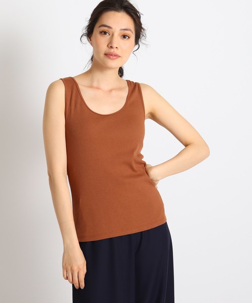 INDIVI(インディヴィ)の「<L>【マシンウォッシュ/UVカット/接触冷感】Uネックテレコタンクトップ(タンクトップ・レディース・キャメル/ホワイト系/ネイビー系5・15 /13/19)」の1枚目の写真