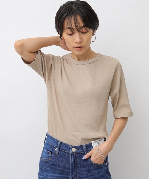 AMERICAN HOLIC（アメリカンホリック）の「5分袖クルーネックリブカットプルオーバー　＊〇（Tシャツ/カットソー・レディース・グリーン/ベージュ/ブルー系その他2/ブラック/ブラック系その他4/オフホワイト・L/M）」の4枚目の写真