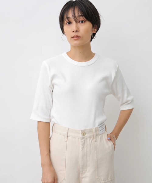 AMERICAN HOLIC（アメリカンホリック）の「5分袖クルーネックリブカットプルオーバー　＊〇（Tシャツ/カットソー・レディース・グリーン/ベージュ/ブルー系その他2/ブラック/ブラック系その他4/オフホワイト・L/M）」の2枚目の写真