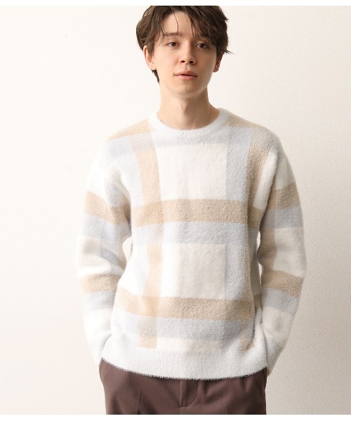 JUNRED(ジュンレッド)の「シャギーチェックルーズニット(ニット/セーター・メンズ・ホワイト/ダークブラウン/ベージュ・M/L)」の8枚目の写真