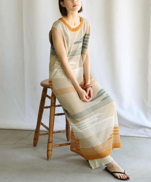 select MOCA（セレクトモカ）の「2021 SS マルチパターンサマーニットシアーノースリーブロングワンピース（ワンピース・レディース・ライム/オレンジ/ライトグリーン・FREE）」の3枚目の写真