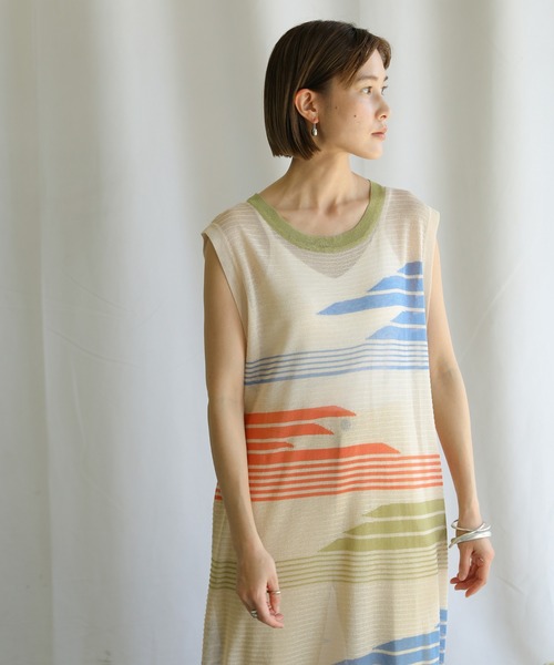 select MOCA（セレクトモカ）の「2021 SS マルチパターンサマーニットシアーノースリーブロングワンピース（ワンピース・レディース・ライム/オレンジ/ライトグリーン・FREE）」の4枚目の写真