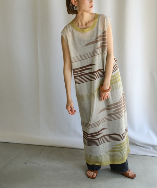 select MOCA（セレクトモカ）の「2021 SS マルチパターンサマーニットシアーノースリーブロングワンピース（ワンピース・レディース・ライム/オレンジ/ライトグリーン・FREE）」の14枚目の写真