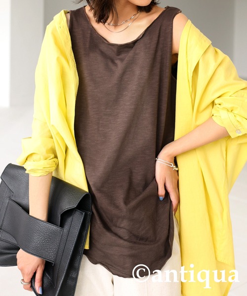 antiqua（アンティカ）の「綿100％ボートネックスラブタンク（タンクトップ・レディース・ブラック/オフホワイト/カーキ/ブラウン系その他/ベージュ系その他・M/L）」の3枚目の写真