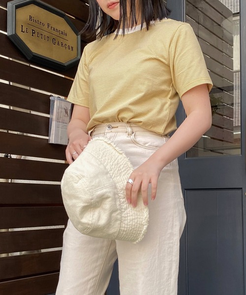 mimi toujours（ミミトゥジュール）の「Tシャツ ボーダー 刺繍入り omom×mimi toujours（Tシャツ/カットソー・レディース・イエロー/グリーン・M）」の2枚目の写真