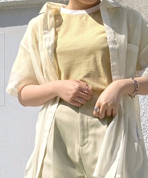 mimi toujours（ミミトゥジュール）の「Tシャツ ボーダー 刺繍入り omom×mimi toujours（Tシャツ/カットソー・レディース・イエロー/グリーン・M）」の16枚目の写真