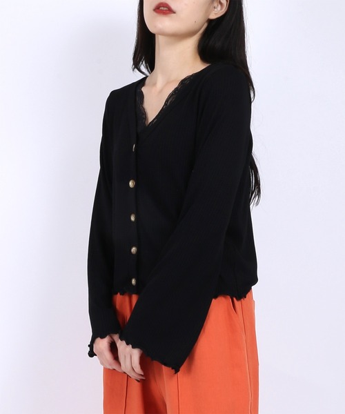 PUNYUS（プニュズ）の「リブラッフルカーディガン（カーディガン/ボレロ・レディース・グリーン/ブラック/イエロー・2/1/4/3）」の2枚目の写真