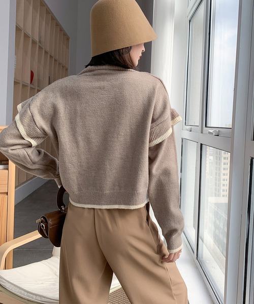 solleim（ソルレム）の「ショート丈バイカラーボリュームスリーブニット（カーディガン/ボレロ・レディース・ブルー/モカ・M）」の3枚目の写真