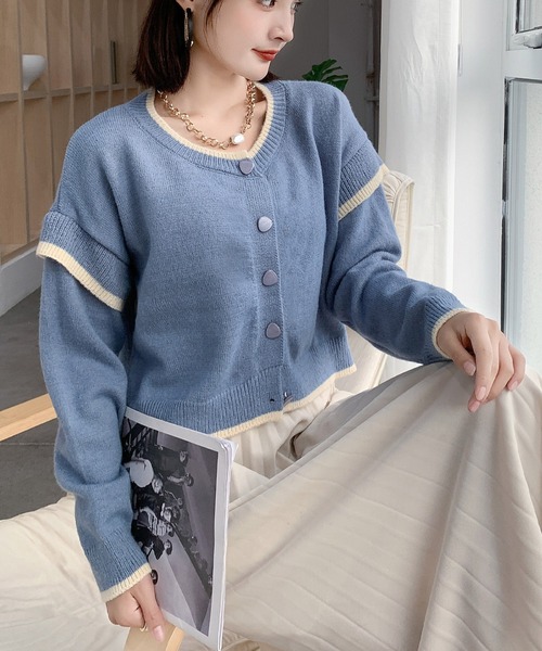solleim（ソルレム）の「ショート丈バイカラーボリュームスリーブニット（カーディガン/ボレロ・レディース・ブルー/モカ・M）」の5枚目の写真