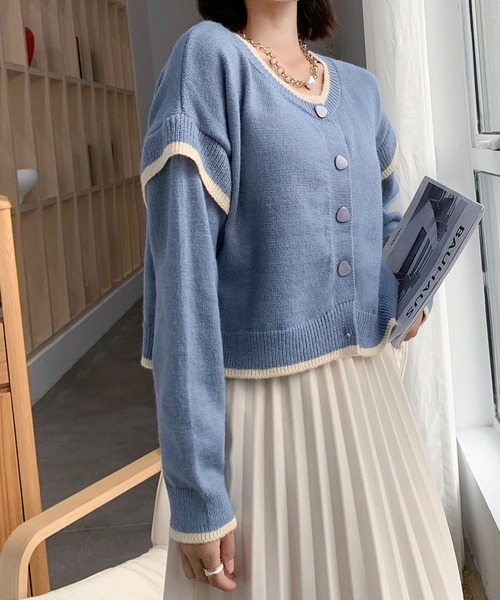 solleim（ソルレム）の「ショート丈バイカラーボリュームスリーブニット（カーディガン/ボレロ・レディース・ブルー/モカ・M）」の6枚目の写真