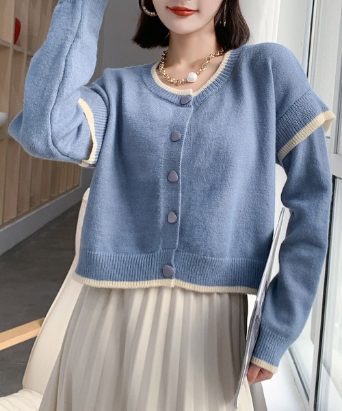 solleim（ソルレム）の「ショート丈バイカラーボリュームスリーブニット（カーディガン/ボレロ・レディース・ブルー/モカ・M）」の7枚目の写真
