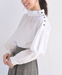 肩ボタンフリルネックLSブラウス