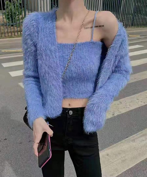 Jasmine Grandiflorum（ジャスミングランディフローラム）の「【Jasmine】トレンドシャギーニットカーデアンサンブル（アンサンブル・レディース・ホワイト/ブラック/ピンク/ブルー・FREE）」の4枚目の写真