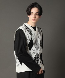 Oversized Argyle Knit Vest/ビッグシルエット アーガイルチェック ニットベスト