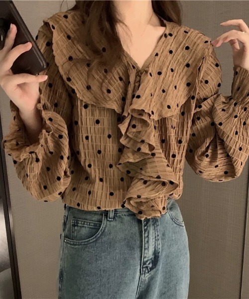 Wefst（ウェスト）の「【Wefst】ドットフリルブラウス（シャツ/ブラウス・レディース・ベージュ/ブラウン・FREE）」の7枚目の写真