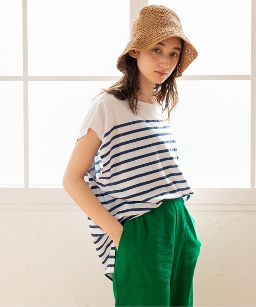 ANGIE（アンジー）の「パネルボーダー フレンチスリーブ Tシャツ（Tシャツ/カットソー・レディース・ブラック/ネイビー/ピンク/イエロー/オレンジ/グリーン・FREE）」の4枚目の写真