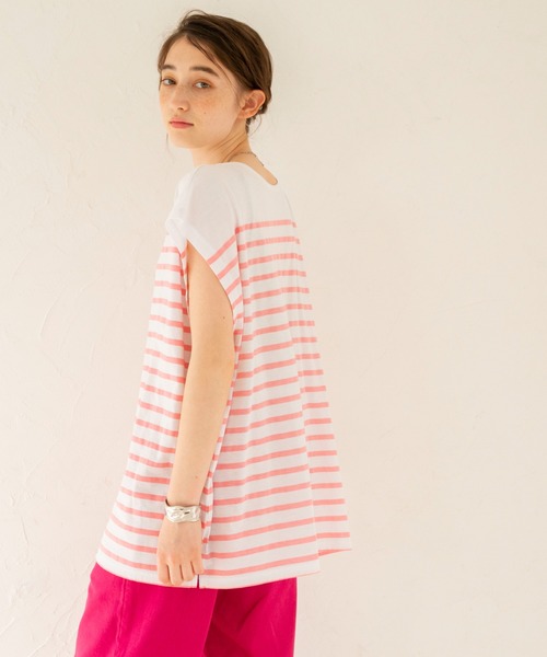 ANGIE（アンジー）の「パネルボーダー フレンチスリーブ Tシャツ（Tシャツ/カットソー・レディース・ブラック/ネイビー/ピンク/イエロー/オレンジ/グリーン・FREE）」の6枚目の写真