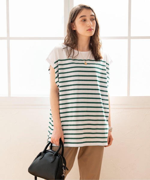 ANGIE（アンジー）の「パネルボーダー フレンチスリーブ Tシャツ（Tシャツ/カットソー・レディース・ブラック/ネイビー/ピンク/イエロー/オレンジ/グリーン・FREE）」の3枚目の写真