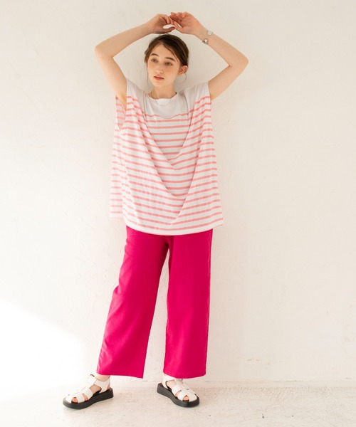 ANGIE（アンジー）の「パネルボーダー フレンチスリーブ Tシャツ（Tシャツ/カットソー・レディース・ブラック/ネイビー/ピンク/イエロー/オレンジ/グリーン・FREE）」の17枚目の写真