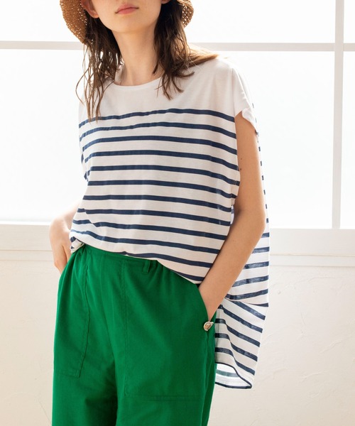 ANGIE（アンジー）の「パネルボーダー フレンチスリーブ Tシャツ（Tシャツ/カットソー・レディース・ブラック/ネイビー/ピンク/イエロー/オレンジ/グリーン・FREE）」の8枚目の写真