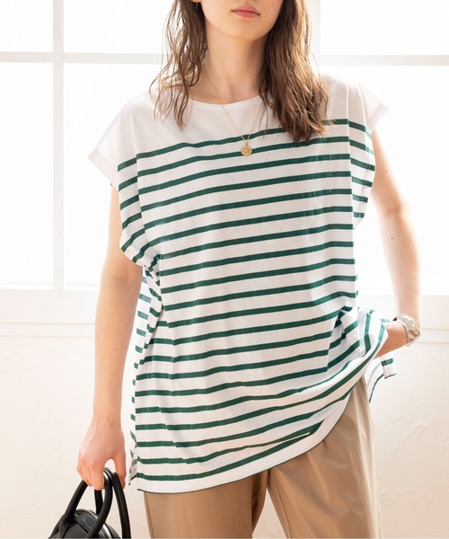 ANGIE（アンジー）の「パネルボーダー フレンチスリーブ Tシャツ（Tシャツ/カットソー・レディース・ブラック/ネイビー/ピンク/イエロー/オレンジ/グリーン・FREE）」の9枚目の写真