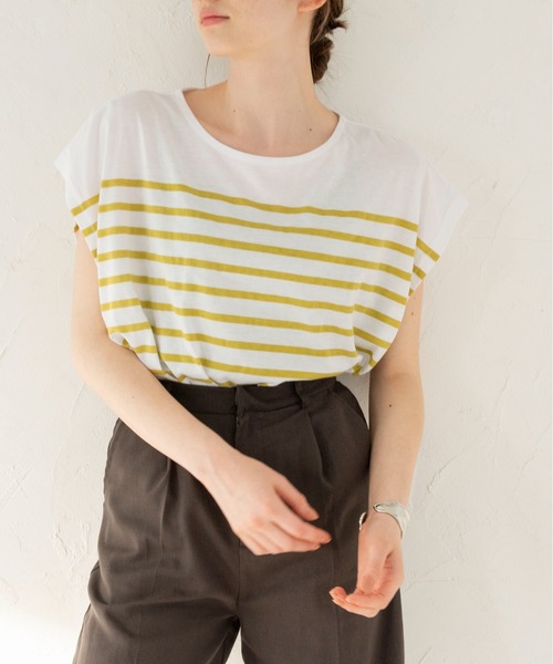 ANGIE（アンジー）の「パネルボーダー フレンチスリーブ Tシャツ（Tシャツ/カットソー・レディース・ブラック/ネイビー/ピンク/イエロー/オレンジ/グリーン・FREE）」の13枚目の写真