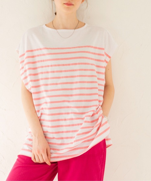 ANGIE（アンジー）の「パネルボーダー フレンチスリーブ Tシャツ（Tシャツ/カットソー・レディース・ブラック/ネイビー/ピンク/イエロー/オレンジ/グリーン・FREE）」の11枚目の写真