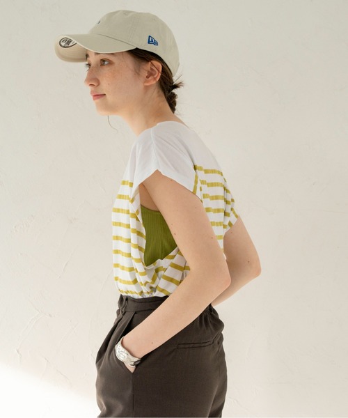 ANGIE（アンジー）の「パネルボーダー フレンチスリーブ Tシャツ（Tシャツ/カットソー・レディース・ブラック/ネイビー/ピンク/イエロー/オレンジ/グリーン・FREE）」の10枚目の写真