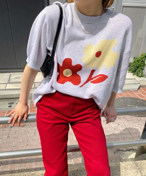 WHO'S WHO gallery(フーズフーギャラリー)の「【BLESS YOU/ブレスユー】フラワー半袖ニット(ニット/セーター・メンズ・ブラック/サンドベージュ/グリーン/ネイビー/アッシュグレー・FREE)」の11枚目の写真