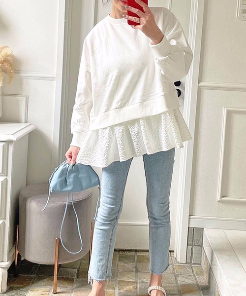 M y u（ミュー）の「裾エンボス生地 裾フリル 裏毛スウェット（スウェット・レディース・ホワイト/ピンク/グレイッシュブルー・FREE）」の7枚目の写真