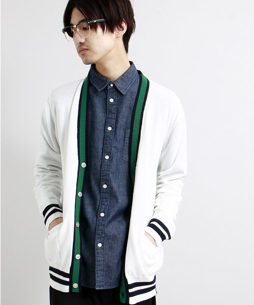 WEGO(ウィゴー)の「WEGO/ラインカーディガン(カーディガン/ボレロ・メンズ・ホワイト/グリーン・MEDIUM/LARGE)」の2枚目の写真