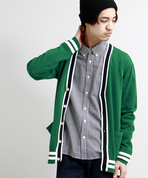 WEGO(ウィゴー)の「WEGO/ラインカーディガン(カーディガン/ボレロ・メンズ・ホワイト/グリーン・MEDIUM/LARGE)」の1枚目の写真