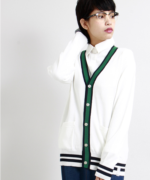 WEGO(ウィゴー)の「WEGO/ラインカーディガン(カーディガン/ボレロ・メンズ・ホワイト/グリーン・MEDIUM/LARGE)」の3枚目の写真
