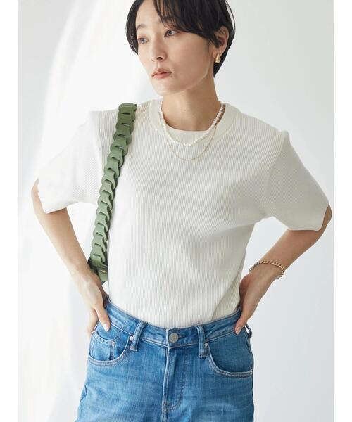 AMERICAN HOLIC(アメリカンホリック)の「リブニットクルーネック半袖プルオーバー -ウォッシャブル-(ニット/セーター・レディース・ブラック/オフホワイト・M/L)」の11枚目の写真
