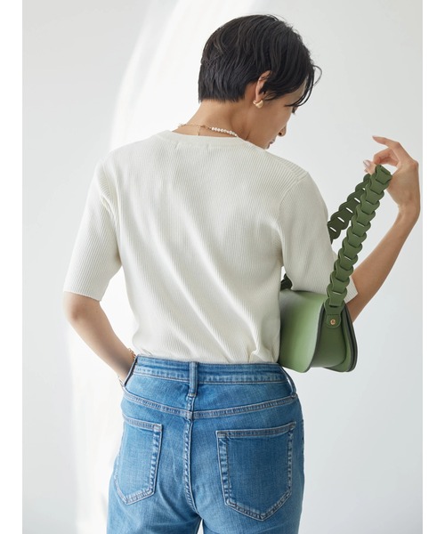 AMERICAN HOLIC(アメリカンホリック)の「リブニットクルーネック半袖プルオーバー -ウォッシャブル-(ニット/セーター・レディース・ブラック/オフホワイト・M/L)」の8枚目の写真
