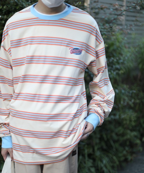 HOOK(フック)の「HOOK -original- アメカジワッペン刺繍配色ボーダーリンガーロングTEE(Tシャツ/カットソー・メンズ・パープル/ベージュ/ピンク/グリーン/ブラック・M/L/XL)」の3枚目の写真