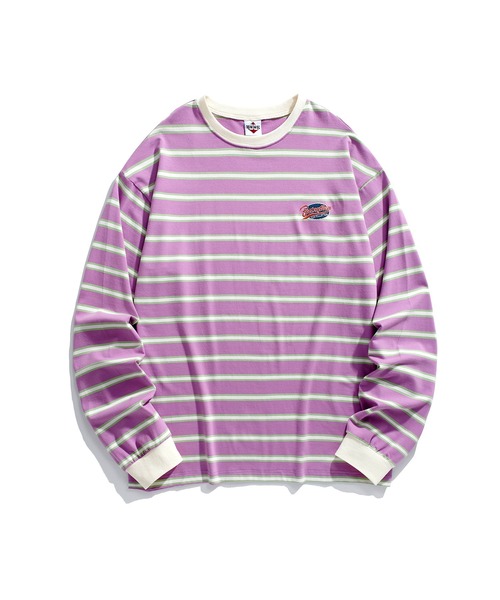 HOOK(フック)の「HOOK -original- アメカジワッペン刺繍配色ボーダーリンガーロングTEE(Tシャツ/カットソー・メンズ・パープル/ベージュ/ピンク/グリーン/ブラック・M/L/XL)」の1枚目の写真